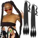 2PCS Long Black Braided Ponytail Extension, 32 Inch Straight Wrap Around Hair Extensions, DIY Braid Ponytail, Natural Soft Synthetic Hair Piece