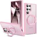 Compatible with Samsung Galaxy S22 & S23 Ultra Case with 360Rotatable Magnetic Ring Stand Compatible with Mag-Safe Military Protection Shockproof Translucent Phone Case,Pink