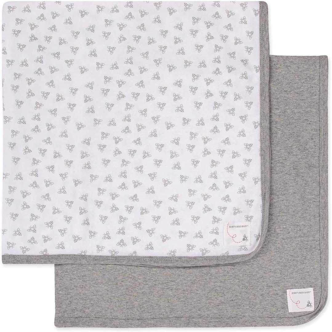 Burt's Bees Baby Infant Receiving Blankets, Made with 100% Organic Cotton, Stretchy and Soft Honey Bee Newborn Swaddle Blanket - Size 29 x 29 Inches - 2 Pack Set (Heather Grey)