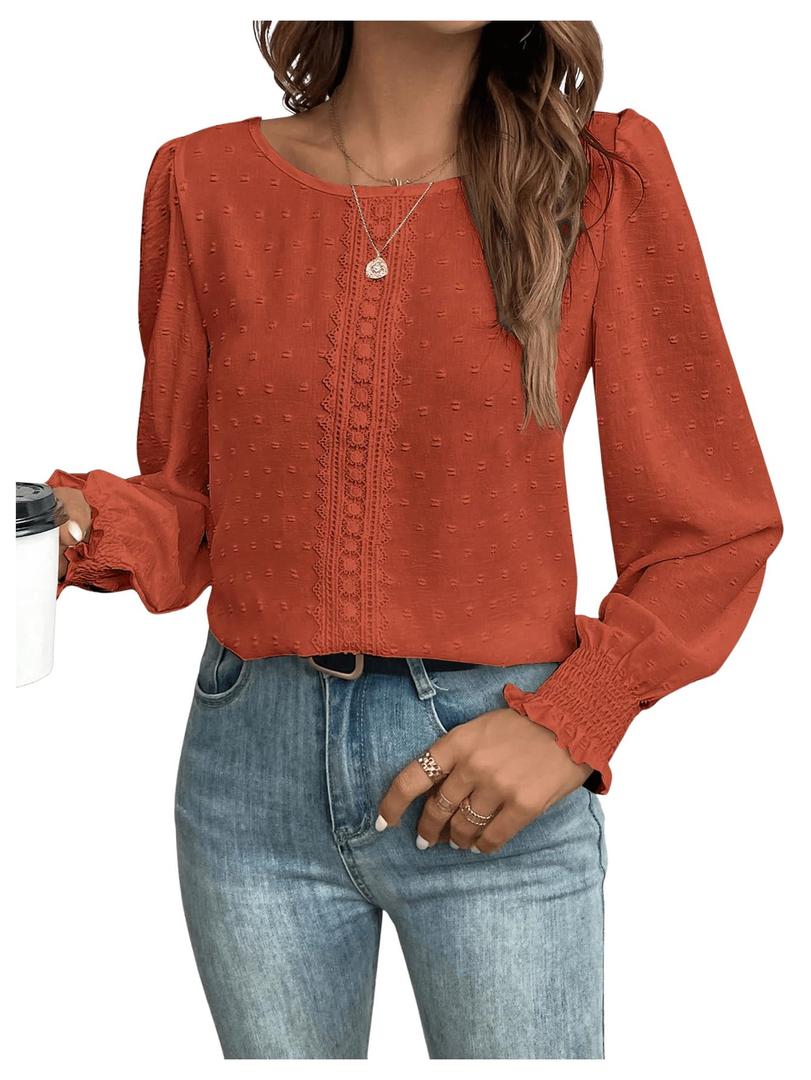 WDIRARA Women's Solid Swiss Dots Guipure Long Sleeve Blouse Top Rust Brown Medium
