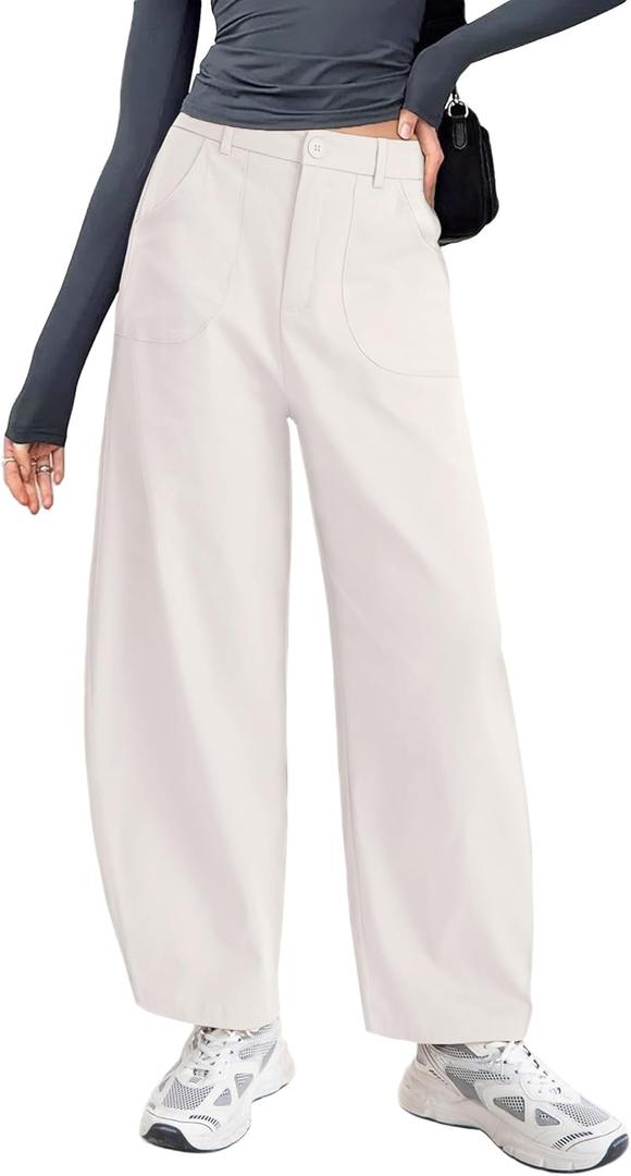 Womens Cotton Pants Casual Capri Baggy Wide Leg Trousers Palazzo Pants for Women with Pockets (Small, White)