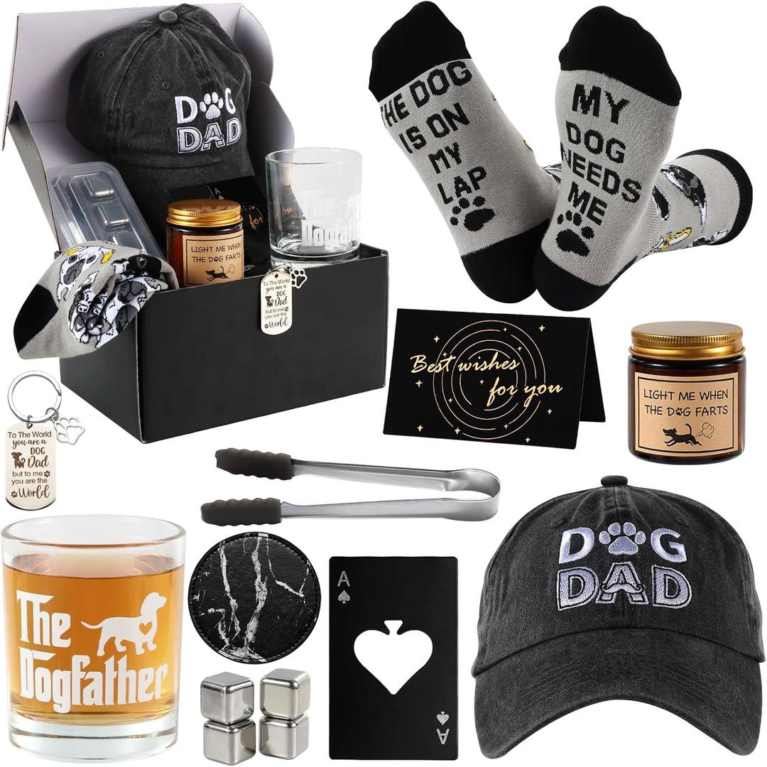 14 Pieces Dog Dad Gifts for Dad,Dog Gift for Father Including Whiskey Set Socks Keychain Hat Bottle Opener Greeting Cards Sented Candle