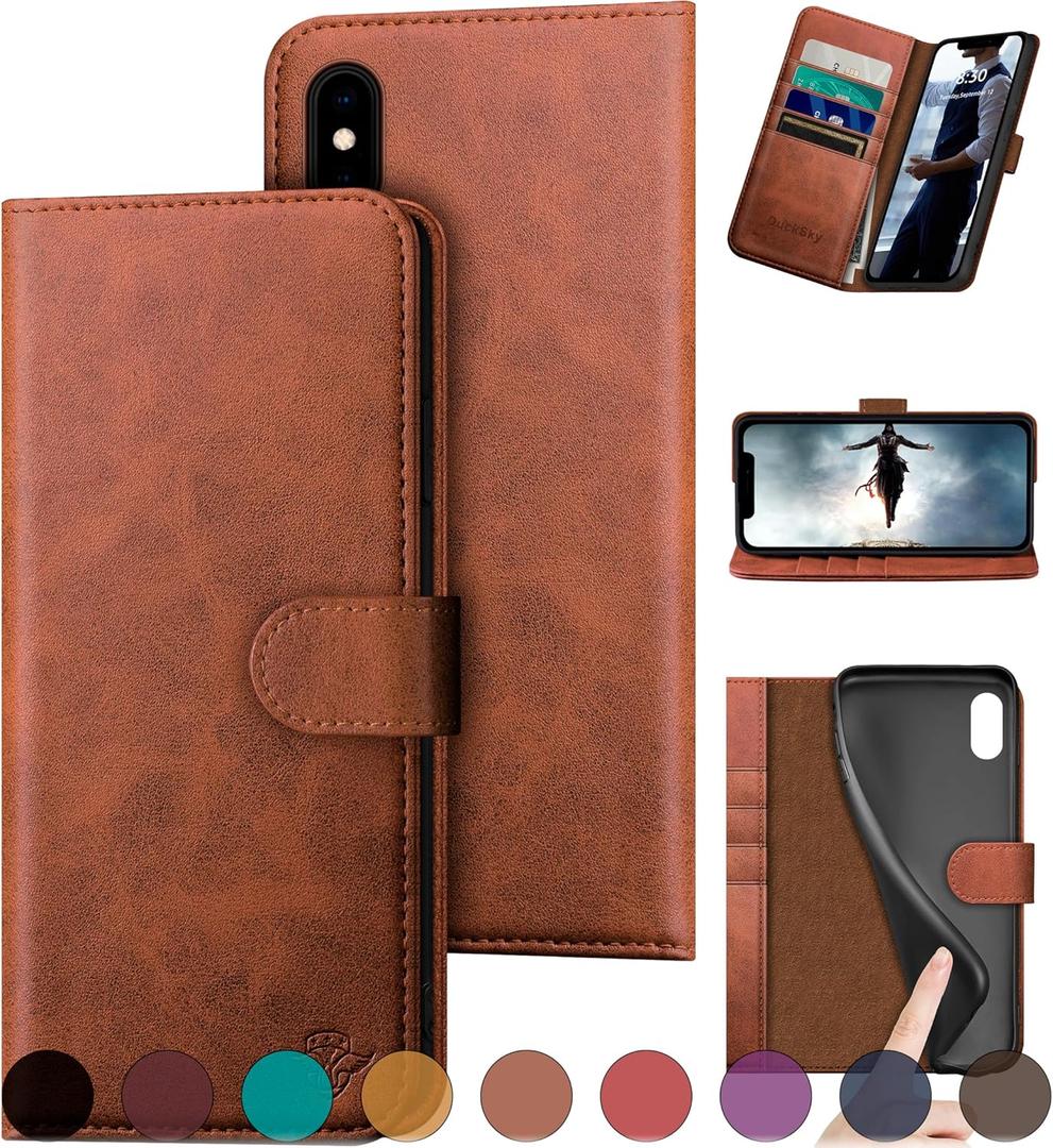 DuckSky for iPhone X/XS Genuine Leather Wallet case RFID Blocking4 Credit Card HolderReal Leather Flip Folio Book Phone case Protective Cover Women Men for Apple XS case Light Brown