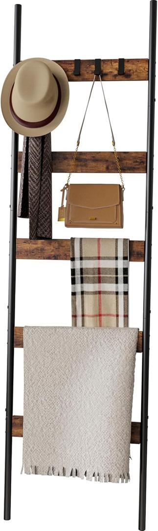 Blanket Ladder, 5-Tier Towel Holder with 4 Removable Hooks, Farmhouse Wall Leaning Decorative Rack Shelf, Wooden Towel Display Rack, Quilt Ladder for Living Room, Bedroom, Rustic Brown (17.3"W x 63.0"L)