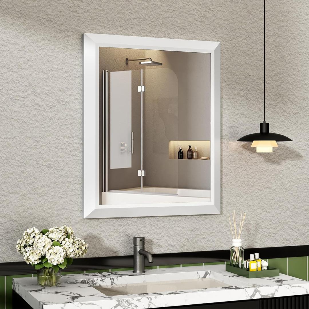 SMIROR Matte White Bathroom Mirror for Over Sink, 24x 28 Metal Thick Framed Rectangle Vanity Mirror for Wall, Right Angle Corner, Anti-Rust, Horizontally or Vertically Mounted