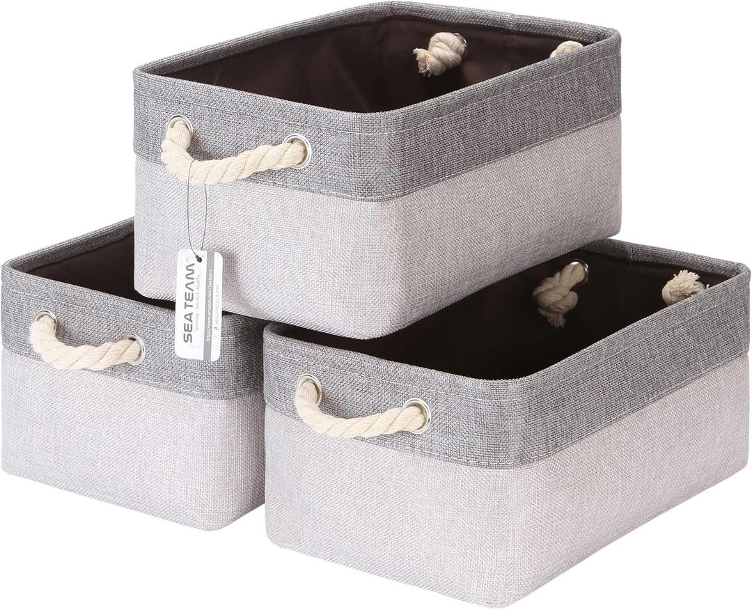 Sea Team 3-Pack Small Storage Basket Set, Storage Cube Organizer, Storage Bins, 12 x 8 x 5 Inches, Rectangle Canvas Fabric Collapsible Shelf Box with Handles for Kids Room (Ash Grey/Grey)