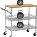 3 Tier Rolling Kitchen Carts on Wheels with Storage,650Lbs Heavy Duty Utility Carts with Wheels,Kitchen Island with Wood Tabletop,Metal Serving Rolling Cart for Small Appliance Food Cart,Wood+Metal