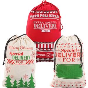 JOYIN 3 PCS Christmas Drawstring Santa Burlap Sack 26" x 19", Large Canvas Gift Bag Reusable Personalized Cloth Pouch for Xmas Presents Package, Party Supplies, Holiday Decoration