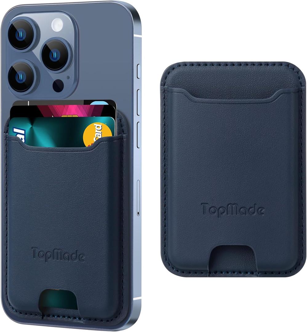 TopMade Phone Card Holder, Premium Leather Phone Wallet Stick on, Stronger 3M Adhesive Credit Card Holder for Back of Phone Case, iPhone, Samsung, and Android, RFID Blocking, Fit 4 Cards, Blue