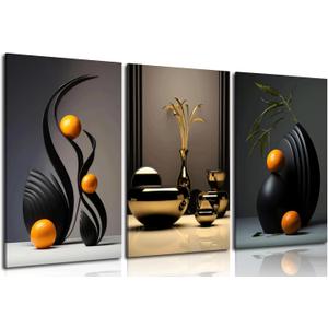 Framed Black Abstract Canvas Wall Art Three-Dimensional Sculpture Ceramic Wall Deco Pictures Modern Still Lifes orange Black Shape Posters Prints for Living Room Bedroom Bathroom Home Decoration (24L" x 16W", Canvas)