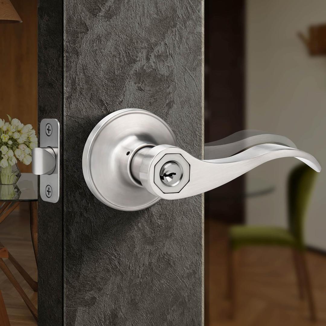 Moquin Wave Design Keyed Entry Door Lever with Lock, Reversible Door Handle for Right/Left Side Front/Entrance Door Lock in Satin Nickel Finish