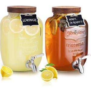Mustry Glass Drink Dispenser for Parties, 1 Gallon Beverage Dispenser with Spigot Solid Stainless Steel, Used as Lemonade Dispenser Sun Tea Jar Kombucha Jar, Set of 2