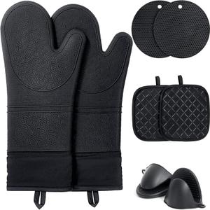 8PCS Oven Mitts and Pot Holders Sets - 480°F Heat Resistant Pot Holders and Oven Mitts, 14.5" Extra Long Silicone Oven Mitts for Cooking, Non-Slip Oven Mitt with Soft Cotton Lining, Black
