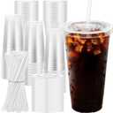 24 oz 100 Pack Plastic Cups with Lids and Straws, Sturdy Food Safe Iced Clear Coffee Cups Disposable Smoothie Cups for Cold Drinks