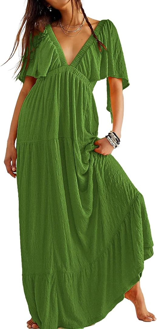 Kikibell Women Summer Dresses Sexy V-Neck Maxi Dress Tiered Silhouette with Flutter Sleeve Backless Elastic Waist Flowy Dress (Large, Grass Green)