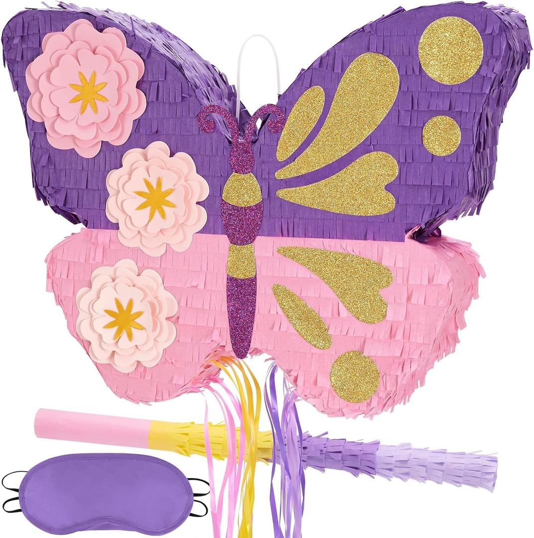 WERNNSAI Butterfly Piata - Butterfly Birthday Party Supplies Pinata with Stick and Blindfold for Girls Kids Pull String Piata Family Games Classroom Birthday Party Decorations 16.4 x 12.4