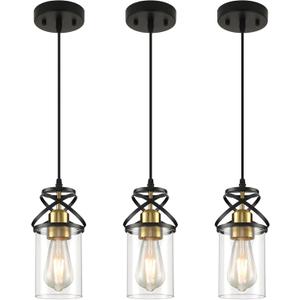 Modern Pendant Light Fixture, Black Gold Farmhouse Hanging Light for Kitchen Island, Industrial Clear Glass Pendant Lighting for Dining Room Bedroom, 3-Pack