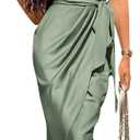 PRETTYGARDEN Women's Summer One Shoulder Ruched Satin Dress Sleeveless Wrap Spring Wedding Guest Cocktail Midi Dress (Army Green) S