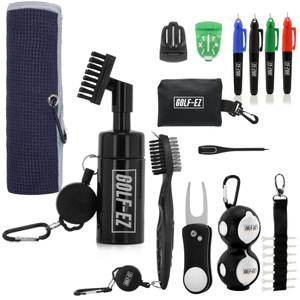 Golf Essentials Kit | Must-Have Accessories – Water Brush, Towel, Club Brush, Ball Marker, Divot Repair Tool, Ball & Tee Holder, Golf Gifts for Men & Women