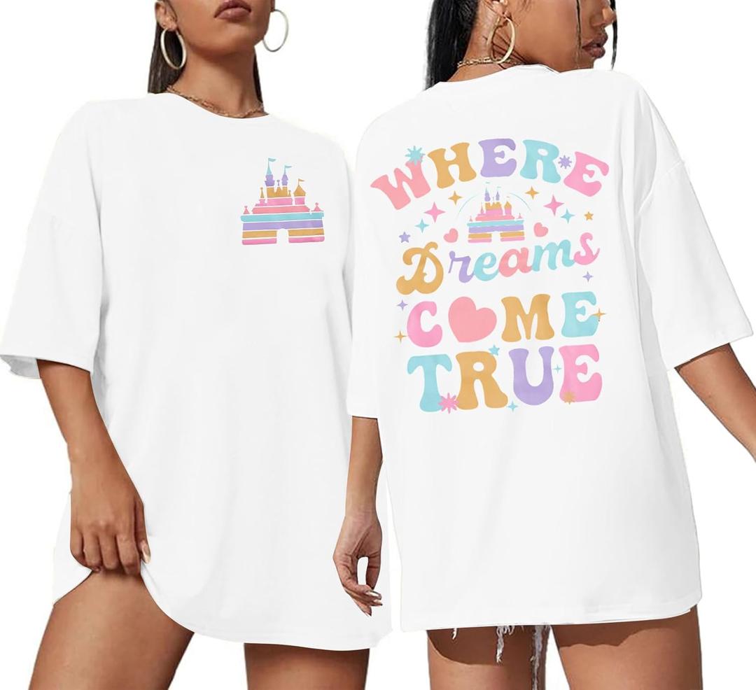 Magic Kingdom Shirts for Women: Oversized Castle Graphic Tees Magical Fairy Tale Gift Shirt Casual Short Sleeve Tops (Large, White)