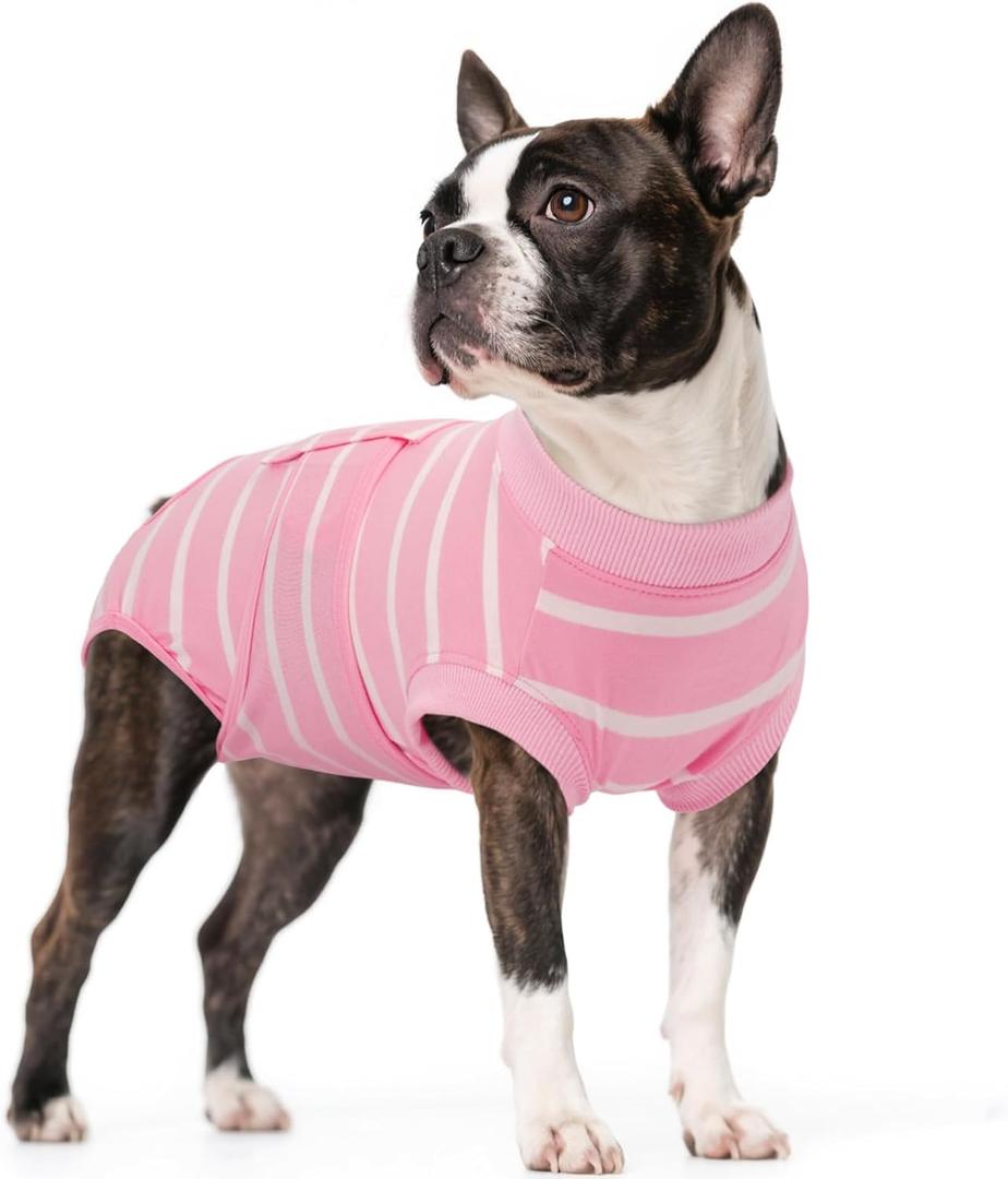 Kuoser Dog Surgery Recovery Suit, Soft Breathable Dog Recovery Suit for Female Spay Male Nueuter, Anti Licking Puppy Onesie Pet Surgical Suit for Dogs Abdominal Wounds Skin Disease, Pink Strips M (Medium (Back: 13.4" - 16.1"; Weight: 14 - 25LB))