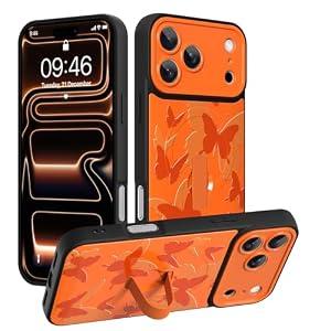 Gukalong Magnetic Phone Case for iPhone 17 Pro 6.3 Inch (Compatible with MagSafe) Orange Butterflies Phone Cover with Strap Stand Shockproof Protective Anti-Scratch Kickstand Case for Women