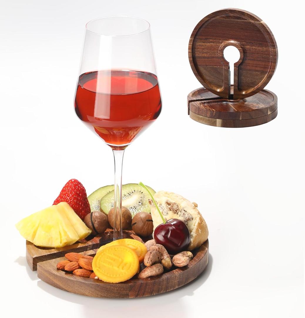 Mini Charcuterie Board with Wine Holder, Wine Glass Charcuterie Topper, Wine Gifts Accessories, Cheese Appetizer Plates for Wine Party Bars Restaurants, 7.1'' Set of 4, Acacia Wood