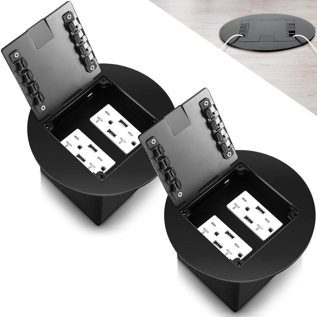2 Pcs Recessed Floor Outlet 4. 72" x 4. 72" x 3. 94" 2-Gang with 4. 8a USB Chargers 20 Amp Floor Receptacles Round Hidden Outlet Kit Electrical Waterproof Box, Etl Listed (Black)