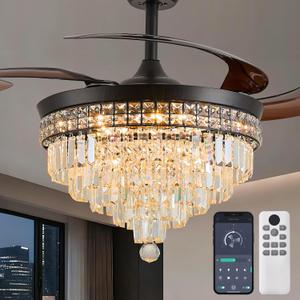 48" Chandelier Ceiling Fan with Light - Crystal Fandelier, Retractable Ceiling Fan with Remote and App Control, 3 Color Dimmable, Reversible DC Motor, for Bedroom, Living Room (Black)