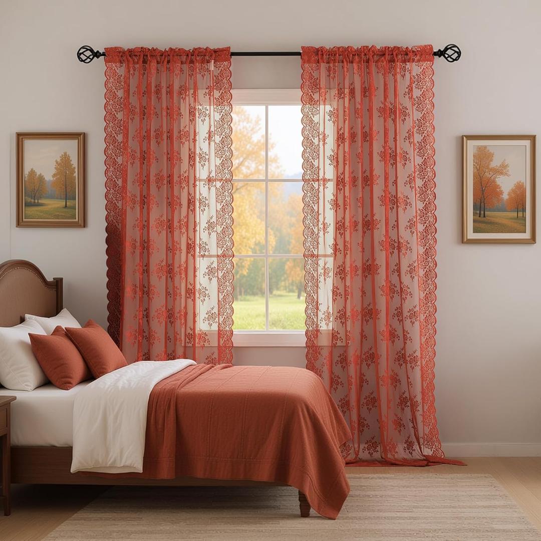 Kotile Burnt Orange Sheer Curtains for Bedroom, Country Rustic Floral Pattern Fall Curtains 63 Inch Length, Rod Pocket Privacy Scalloped Lace Rust Orange Curtain, 52 x 63 Inch, 2 Panels, Orange