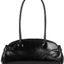 Vintage Shoulder Bag - Glossy Leather Top Handle Handbag, Retro Minimalist Dome Shoulder Purse, Elegant Underarm Bag Black