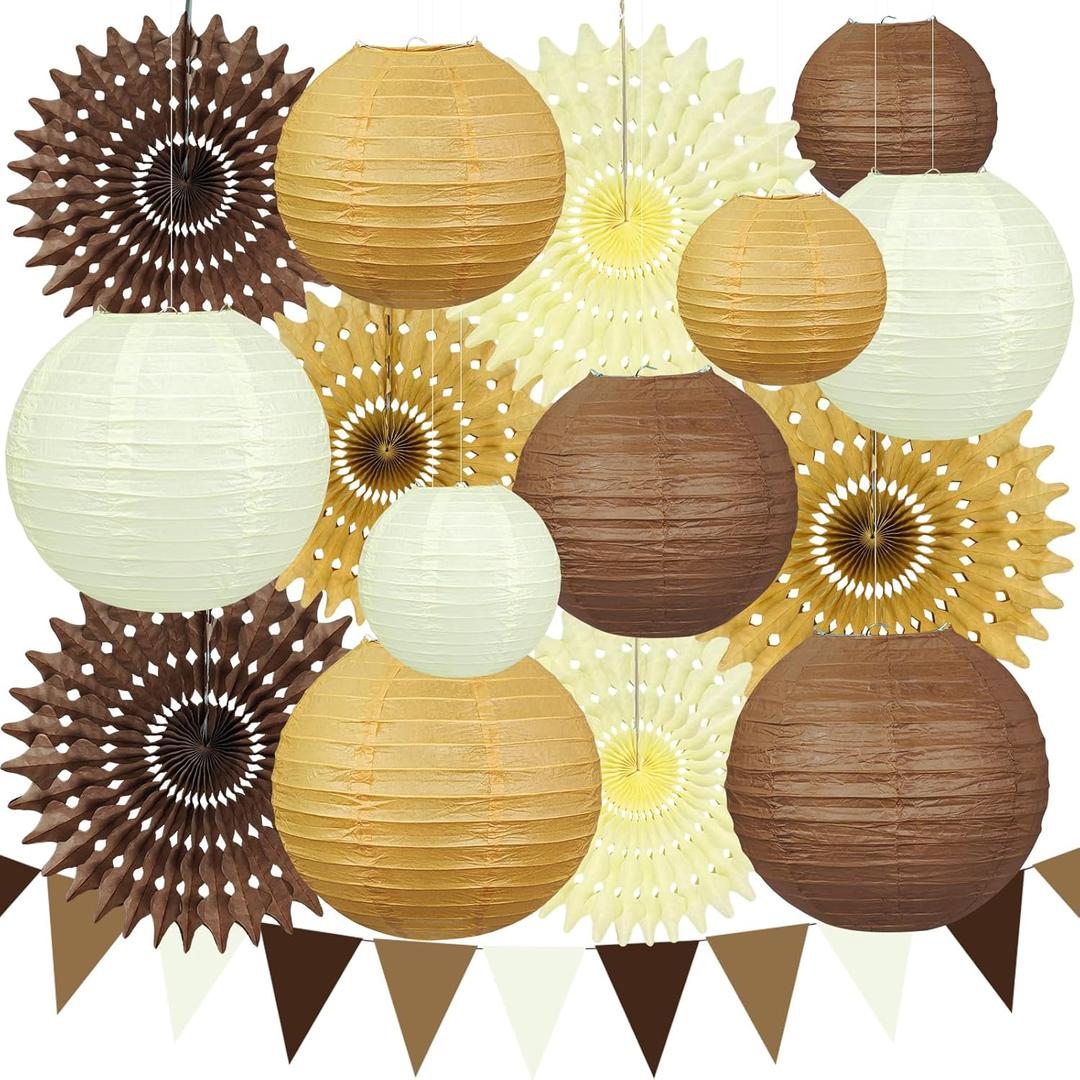 16Pcs Brown Party Decorations Kit, Hanging Earth Tones Brown and Beige Paper Lanterns (6" 8" 10") Honeycomb Paper Fans for Neutral Birthday Baby Shower Bridal Shower Wedding Fall Decorations