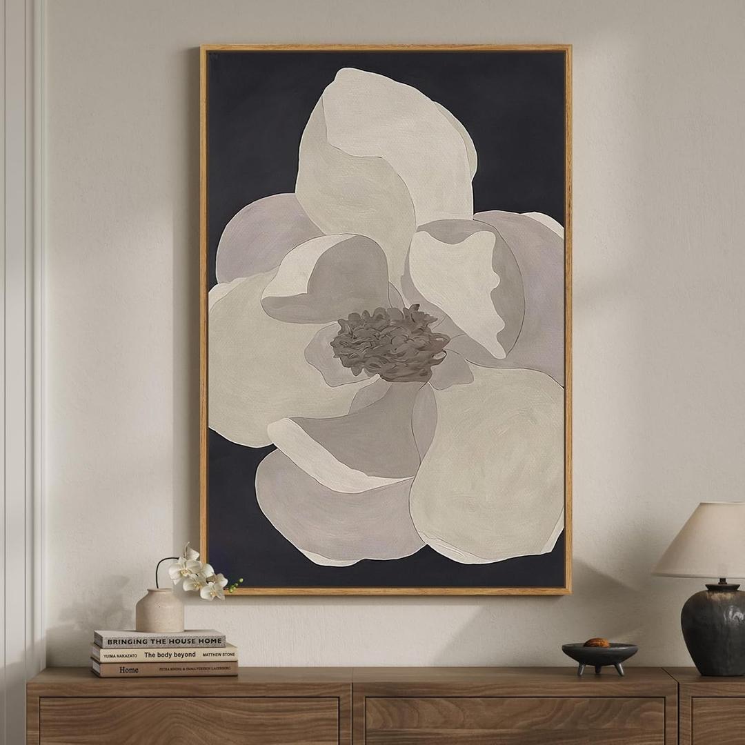 Framed Neutral Modern Floral Black and White Wall Art, Large Contemporary Canvas Prints, Elegant Minimalist Beige Botanical Flower Pictures for Living Room Dining Bedroom Hallway Wall Decor 24x36 In