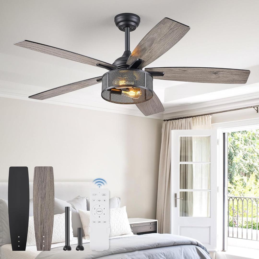 Fanbulous Farmhouse Ceiling Fans with Lights and Remote, 52 Inch Industrial Black Caged Ceiling Fans for Living Room Bedroom Kitchen, 6 Speed Reversible Quiet DC Motor, Dual Finish 5 Blades
