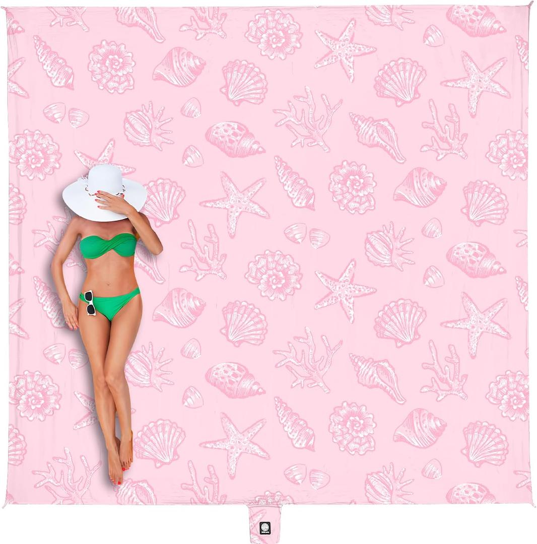 WEKAPO Beach Blanket Waterproof Sandproof Oversized, Extra Large Beach Mat Sand Free, Lightweight & Compact Sand Free Mat with 6 Stakes & 4 Corner Pockets (8 x 7 FT (14 person), Pink Sea Shells)