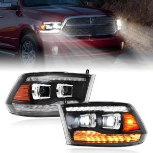 KEWISAUTO Full LED Headlight Dynamic Animation Sequential Turn Signal Dual Projector Head Light for Dodge Ram 1500 2500 3500 2009-2018 Accessories, Only Fit Models w/Factory Quad Halogen Headlight