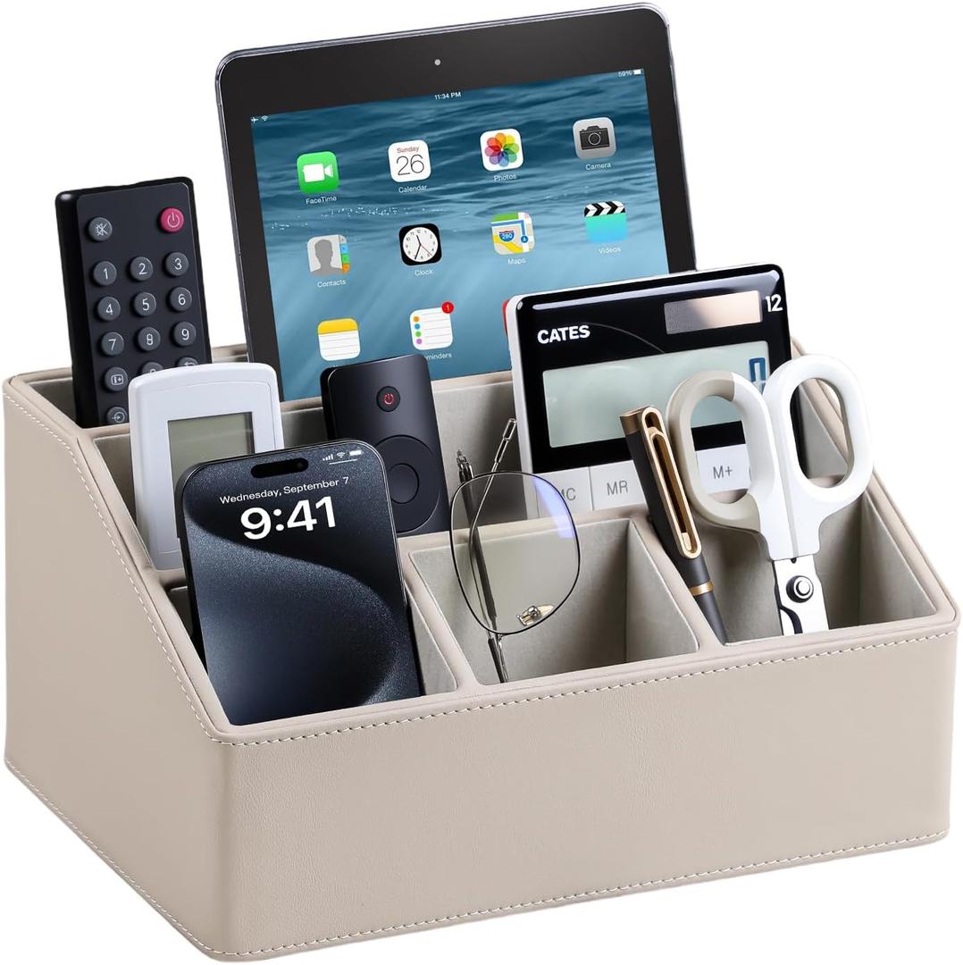 PU Leather Desk Organizer, Luxury Remote Control Holder for Home, Office Desk Accessories Table Caddy Bedside Nightstand Organizer (Dark Beige)