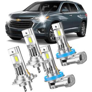 Fit For 2013-2018 Chevy Traverse Front Light Bulbs,High Beam H7 & Low Beam H11 Light Bulbs Combo Pack, 6500K White Ture Plug and Play Bulbs with Built-in FAN, Pack of 4