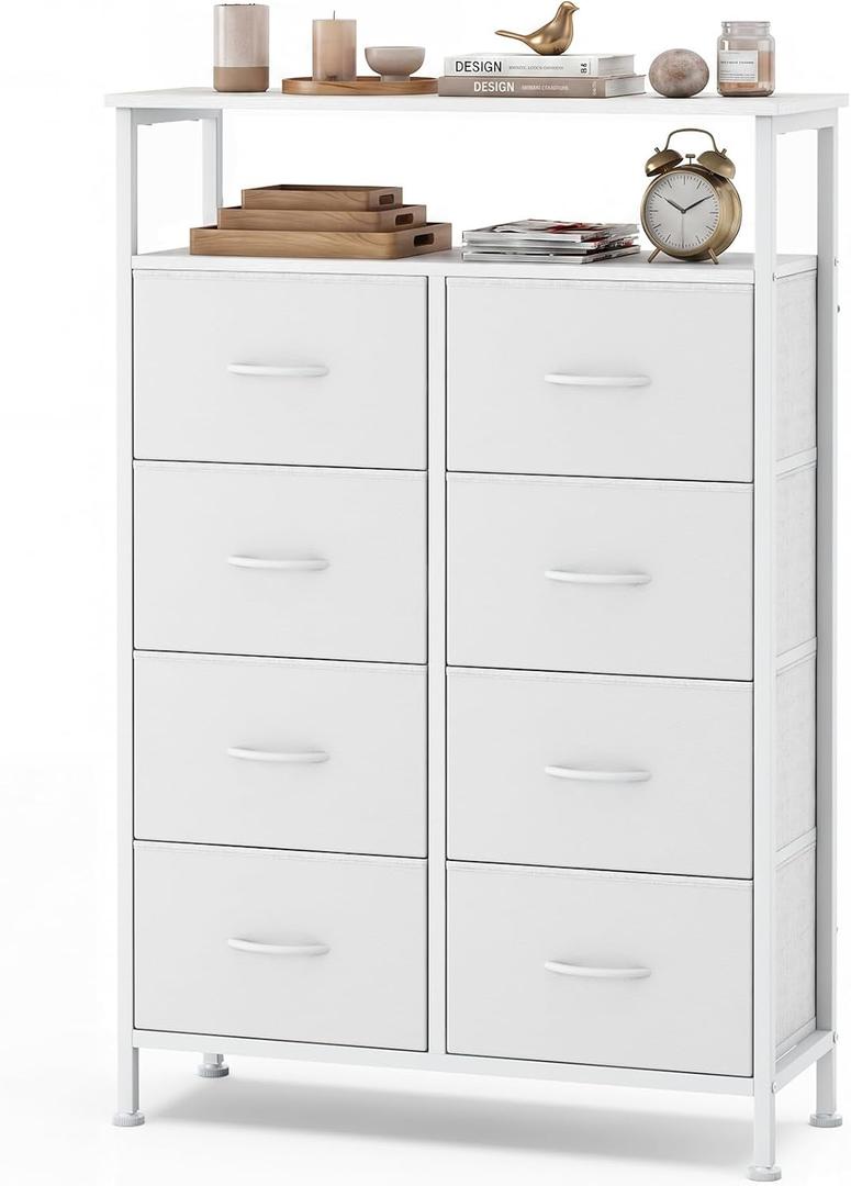 OLIXIS 8 Drawers Fabric Dresser, Raised Shelf Tall Chest of Drawers, White, 31.5"D x 45.9"W x 11.8"H