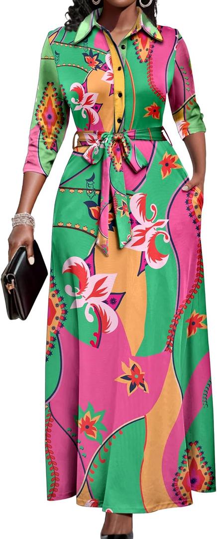 Runwind Women Church Maxi Dresses 3/4 Sleeve Button Down Print Casual Office Dress African (D-green Flower), XL