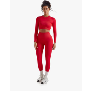 Women 2 Piece Workout Sets Hidden Scrunch Hip Lifting Seamless Leggings Long Sleeve Yoga Crop Tops, Size Large