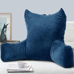 Neustern Reading Pillow for Sitting in Bed Adult, Back Pillow for Bed Shredded Memory Foam Chair Pillow with Arms and Pockets, Backrest and Support with Washable Cover for Watching TV/Gaming/Relaxing (Dark Blue)