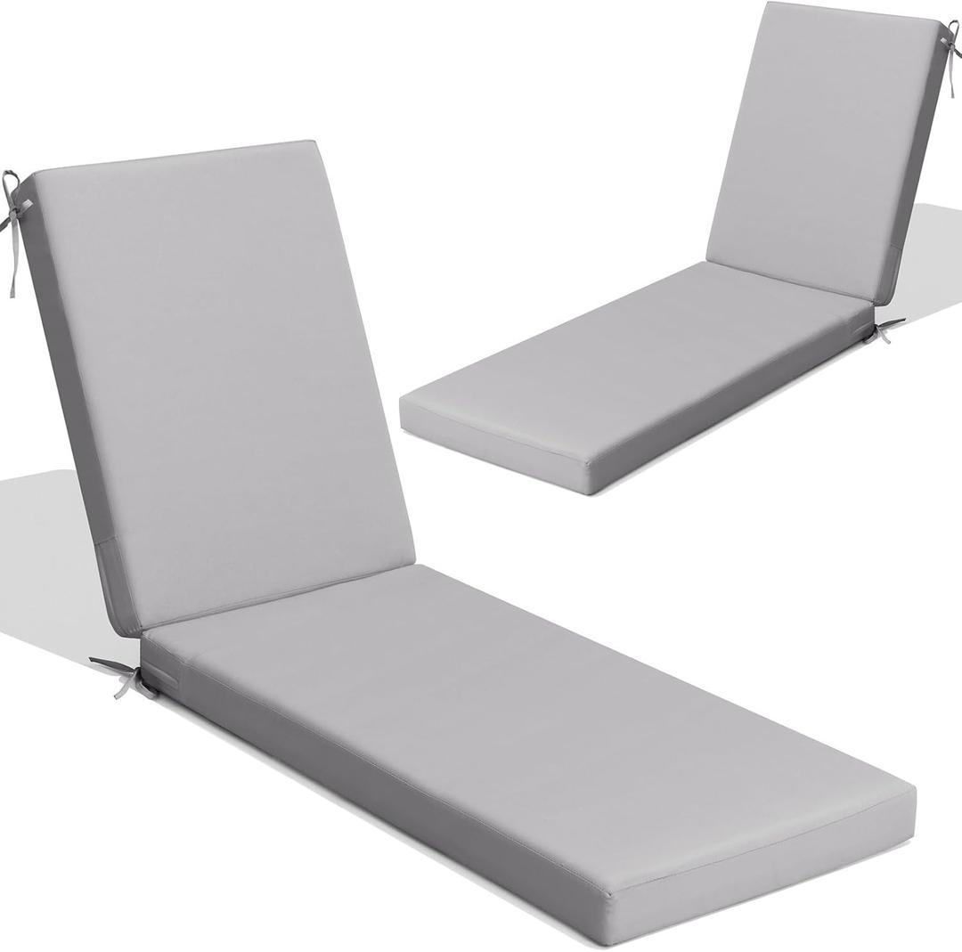 Crestlive Products Chaise Lounge Cushions Outdoor Set of 2, 72x21 Inch, Waterproof & 3-Year Fade Resistant Lounge Chair Cushions for Outdoor Furniture, Patio Cushions for Pool, Lawn, Light Gray
