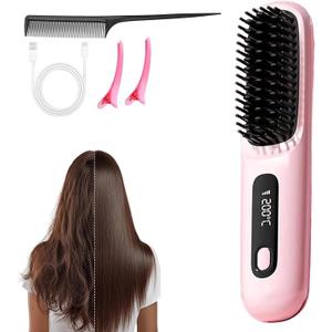 Go Brush Pro 2025,Cordless Hair Straightener Brush,Gobrush Pro 2025 Straightening Comb,Portable Hair Brush for Travel,Fast Heating Smooth & Shiny Hairs with Temperature Display Pink