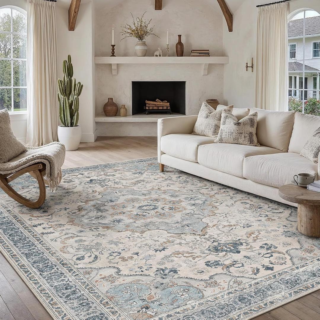 PureCozy Blue Area Rug 10x14 Living Room Vintage Floral Non-Slip Carpet