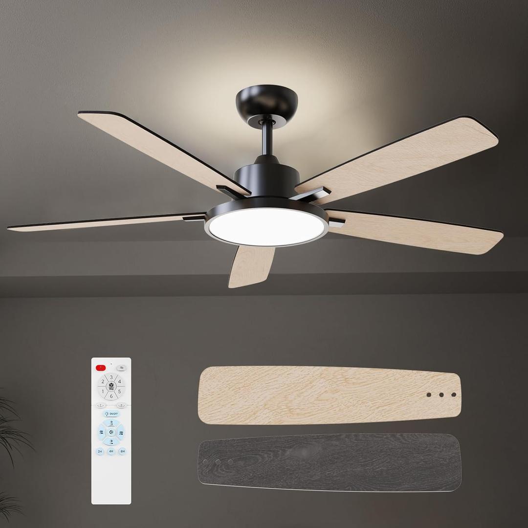 TALOYA 52 Inch Black Walnut Ceiling Fans with Lights Led Back Light Remote Control Flush Mount Low Profile for Bedroom Living Room Outdoor Patio,Reversible,DC Motor,3 Color Temperatures,5 Blades