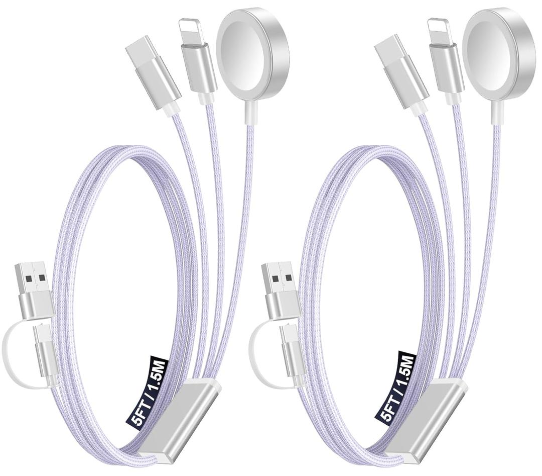 2Pack Multi Charging Cable Cord for Travel Essentials,Apple Watch Charger,iPhone Charger,[3-in-2] Type C/Lightning Cable Portable Designed for iWatch,iPhone 17-8,Galaxy S25-21,AirPods,iPad-1.5M Purple