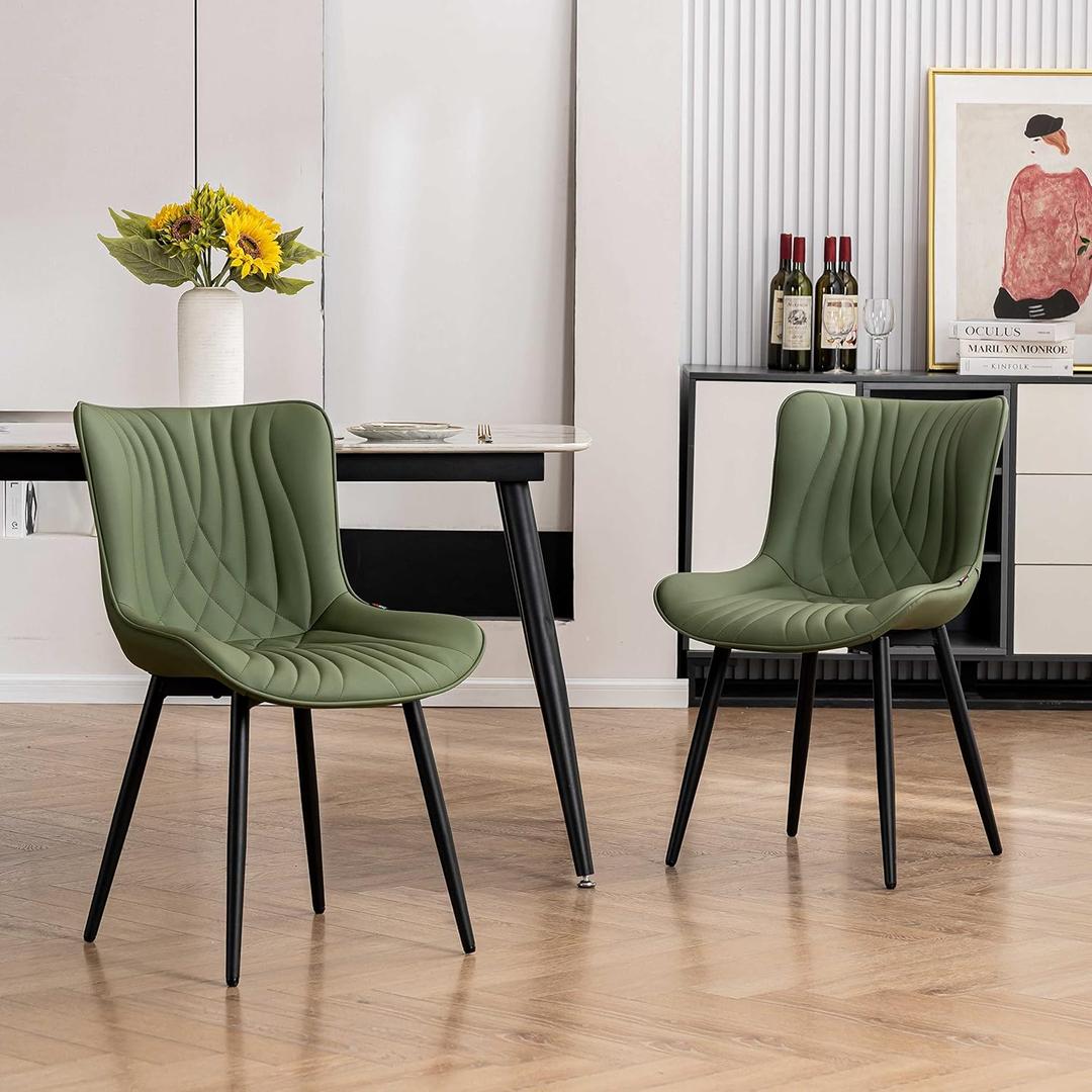 YOUTASTE Dining Chairs Set of 2 Upholstered Mid Century Modern Kitchen & Dining Room Chairs Armless Faux Leather Accent Chair with Padded Back Metal Legs for Bedroom Vanity Lounge, Olive Green