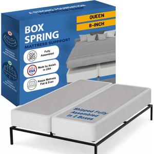 Greaton, Box Spring Bed Base Queen Size, 8-Inch Wood Mattress Foundation  Amish Made in USA  Quiet Noise Free, 2-Pieces Under Mattress-Support BoxSpring, Fully Assembled, White