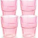 Ribbed Drinking Glasses Set of 4 - Stackable Glass Cups for Kitchen - Iced Coffee, Water, Juice & Mocktails - Aesthetic Water Tumblers Elegant Hostess Gifts Home Essentials (14 fl oz)